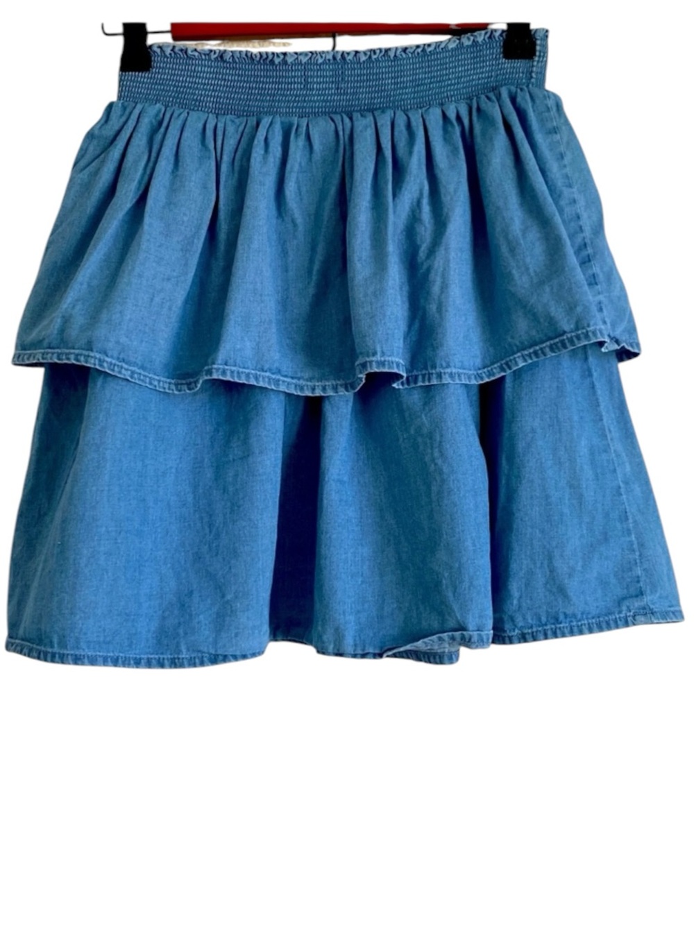 Boden Tiered Woven Skirt Chambray Blue Smock Waist 15-16yo Summer Skate Cotton